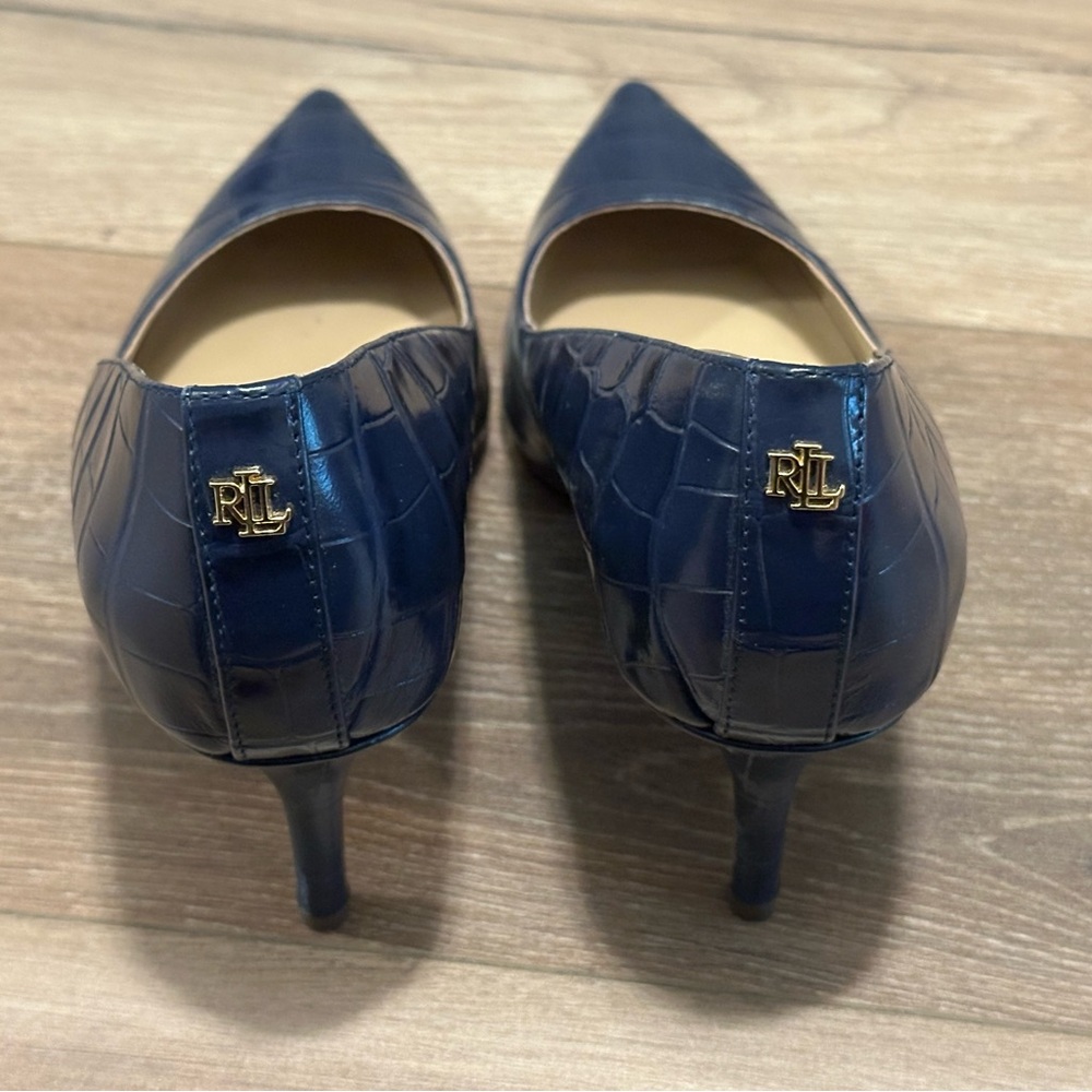 Lauren Ralph Lauren Lanette Navy Croc-Embossed Leather Pointed-Toe Heels - Picture 3 of 7
